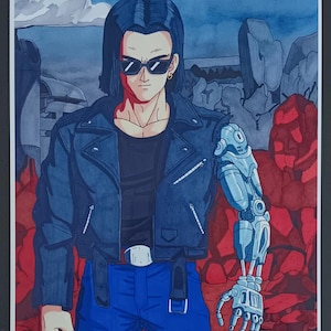 May include: A watercolor illustration of a character with black hair, wearing a black leather jacket, blue jeans, and sunglasses. The character has a silver robotic arm. The background is a red and blue landscape.