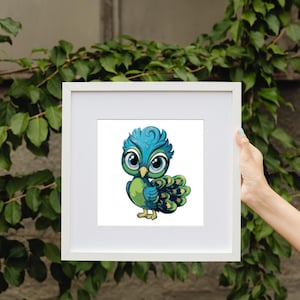 May include: A framed illustration of a cartoon peacock with blue and green feathers and large eyes.