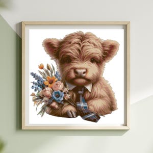 May include: A framed print of a watercolour illustration of a Highland cow calf. The calf is wearing a white collared shirt and a plaid tie, holding a bouquet of blue, orange, and pink flowers. The artwork is on a white background.