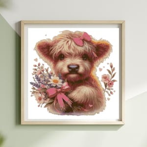 May include: A framed print of a fluffy, light brown dog wearing a pink bow, holding a bouquet of flowers tied with a pink ribbon. The artwork has a soft, watercolour style, with a white background and a wooden frame.