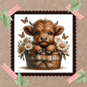 May include: A brown and white Highland calf sits in a wicker basket with a brown bow. The basket is surrounded by white daisies and butterflies.