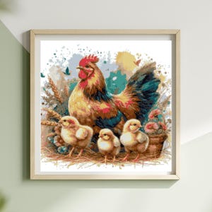 May include: A framed watercolor print of a rooster with three chicks. The rooster has red, yellow, and blue feathers. The chicks are yellow. The background has wheat and flowers. The frame is light brown.
