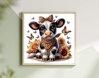 Cross Stitch Pattern  - Western Cow and Sunflowers -  PDF Download - Pattern Keeper Compatible