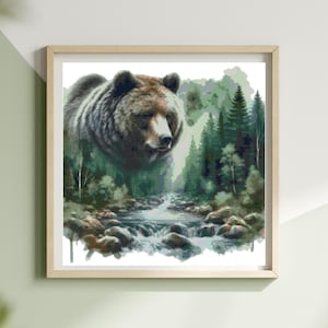 Cross Stitch Pattern Beautiful  Bear Double exposure woods Digital PDF Pattern Keeper Compatible