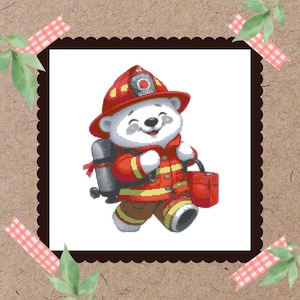 May include: A white polar bear wearing a red firefighter's uniform with a yellow stripe and a red helmet with a white star. The bear is carrying a red fire extinguisher and has a happy expression on its face.