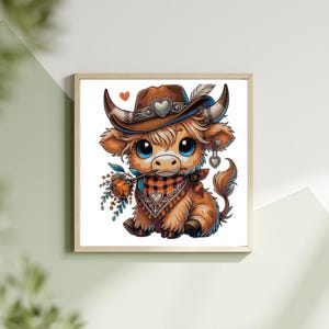 May include: A cartoon illustration of a brown and white cow wearing a brown cowboy hat with a feather, a red and black bandana, and a heart-shaped earring. The cow is holding a small bouquet of flowers in its mouth.