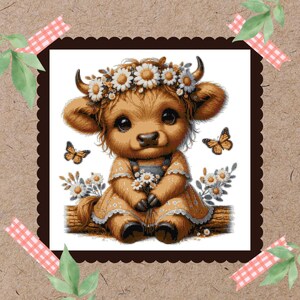May include: A brown and white cow with a daisy flower crown, wearing a yellow dress and holding a bouquet of daisies. The cow is sitting on a wooden log with butterflies flying around it.