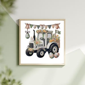 May include: A framed watercolour painting of a white tractor decorated for Easter. The tractor is adorned with flowers and Easter eggs. A banner of decorative flags hangs above the tractor. The painting is set against a soft green background.