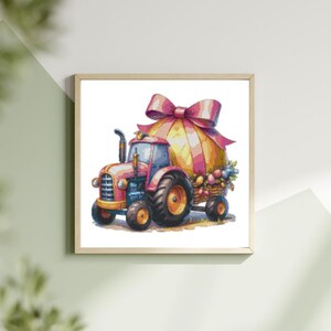 May include: Watercolour painting of a red tractor pulling a wagon with a large, yellow Easter egg tied with a pink bow. The wagon is filled with colourful Easter eggs and flowers. The artwork is framed.