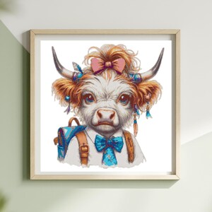 May include: A framed print featuring a whimsical illustration of a cow with a school backpack. The cow has a white face, brown hair, and is adorned with a pink bow and blue accents. It wears a blue bow tie and a white shirt.