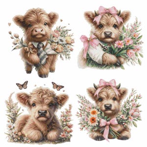 May include: Four watercolor illustrations of Highland cows. One calf wears a tie and holds flowers, another wears a pink bow and holds flowers, a third calf is lying down surrounded by flowers, and the last calf wears a pink bow and flower crown.