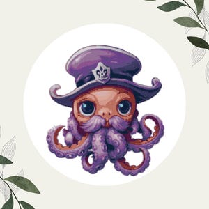 Puede incluir: Un pulpo morado con un sombrero morado con un emblema dorado y un bigote morado. El pulpo tiene ojos grandes y redondos y sonríe.
