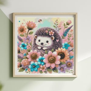 May include: A framed print depicting a charming hedgehog amidst a vibrant array of flowers. The hedgehog, with a floral crown, has a friendly expression. The flowers are in pinks, blues, and purples, creating a delightful and whimsical composition.