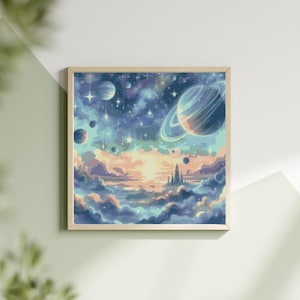 May include: A framed watercolor painting of a celestial scene. The artwork depicts planets with rings, stars, and a castle silhouette above the clouds. The color palette includes blues, purples, and oranges.