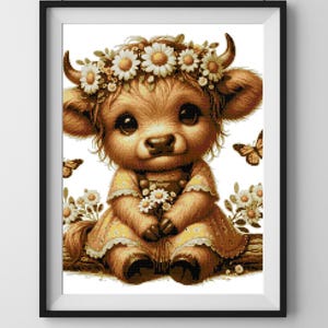 May include: A framed print of a charming cartoon cow. The cow is brown with large eyes, wearing a daisy flower crown and a yellow dress. Butterflies and flowers surround the cow, creating a whimsical scene.