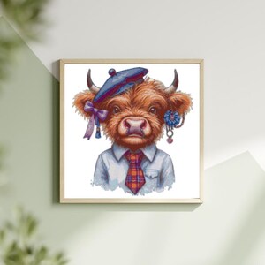 May include: Framed art print featuring a whimsical illustration of a Highland cow. The cow is depicted wearing a blue beret, a white shirt, and a plaid tie. It also has a purple bow and a floral earring. The artwork is set against a white background.