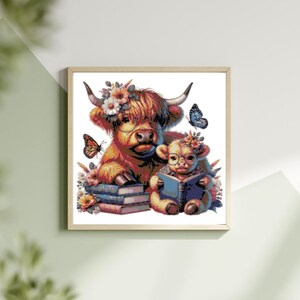 May include: Framed artwork featuring a Highland cow and a bear cub, both adorned with floral crowns and glasses. The bear cub reads a book, while butterflies and flowers surround them. The artwork is in a wooden frame.