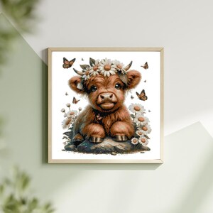 May include: A brown and white Highland cow calf with a daisy flower crown sits on a rock surrounded by daisies and butterflies.