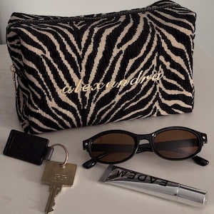 Embroidered Zebra Print Cosmetic Bag: Personalized Makeup Bag