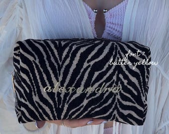 Embroidered Zebra Print Cosmetic Bag: Personalized Makeup Bag