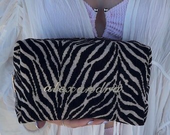 Embroidered Zebra Print Cosmetic Bag: Personalized Makeup Bag