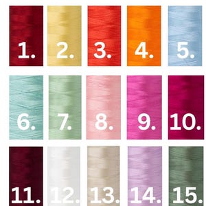 May include: A color chart of thread spools, labeled 1 through 15, showcasing a variety of colors. The thread colors include shades of red, yellow, orange, blue, green, pink, and purple. The text "Thread Colors" is at the top.