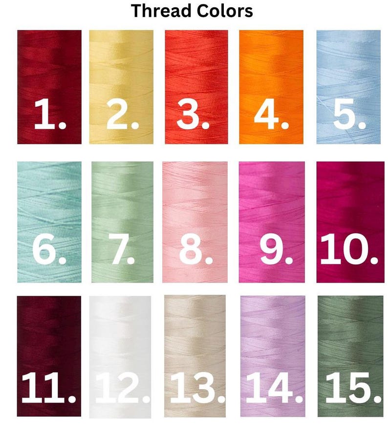May include: A color chart of thread spools, labeled 1 through 15, showcasing a variety of colors. The thread colors include shades of red, yellow, orange, blue, green, pink, and purple. The text "Thread Colors" is at the top.
