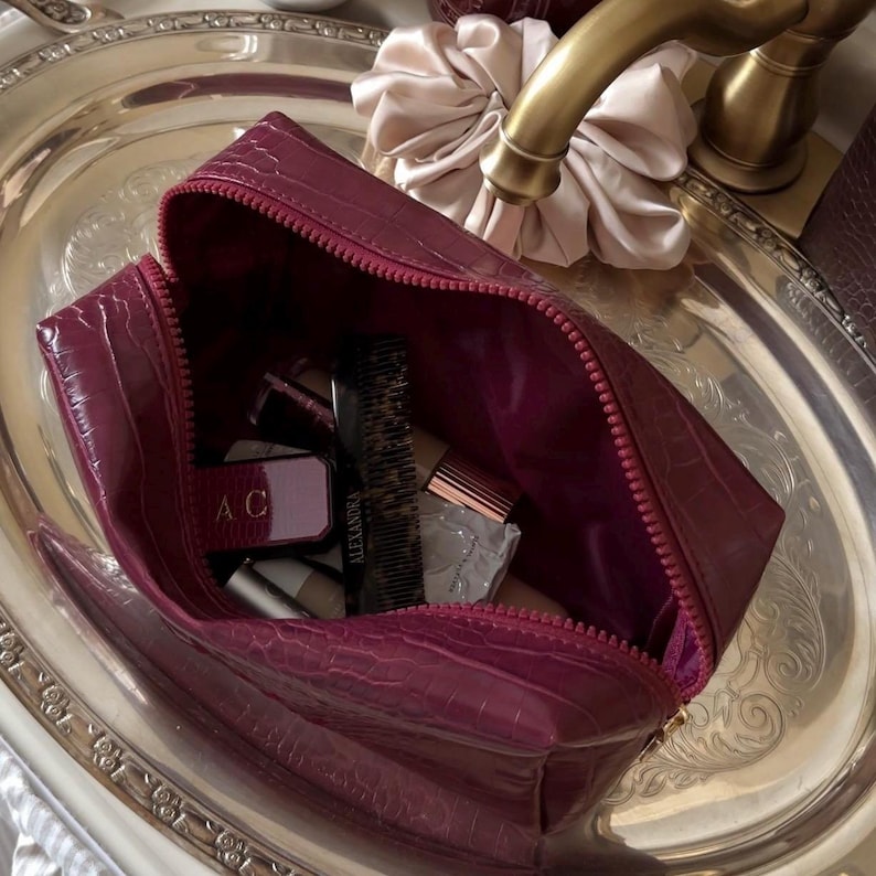 Croc Vegan Leather Embroidered Makeup Bag: Personalized Cosmetic Bag