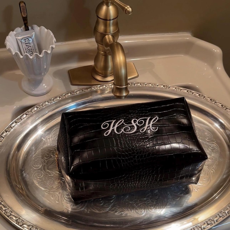 Croc Vegan Leather Embroidered Makeup Bag: Personalized Cosmetic Bag