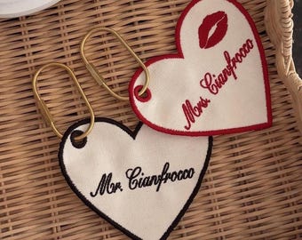 His and Hers Custom Embroidered Heart Luggage Tag or Keychain with Last Name – Personalized Wedding Gift for Newlyweds & Honeymoon Travel