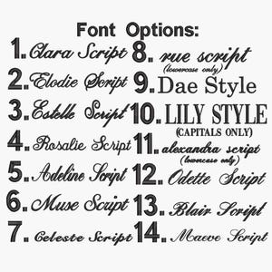 Puede incluir: Una lista de catorce opciones de fuente en negro titulada Font Options, que incluye Clara Script, Elodie Script, Estelle Script, Rosalie Script, Adeline Script, Muse Script, Celeste Script, rue script, Dae Style, LILY STYLE, alexandra script, Odette Script, Blair Script y Maeve Script.