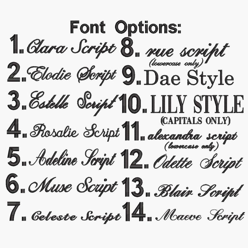Puede incluir: Una lista de catorce opciones de fuente en negro titulada Font Options, que incluye Clara Script, Elodie Script, Estelle Script, Rosalie Script, Adeline Script, Muse Script, Celeste Script, rue script, Dae Style, LILY STYLE, alexandra script, Odette Script, Blair Script y Maeve Script.