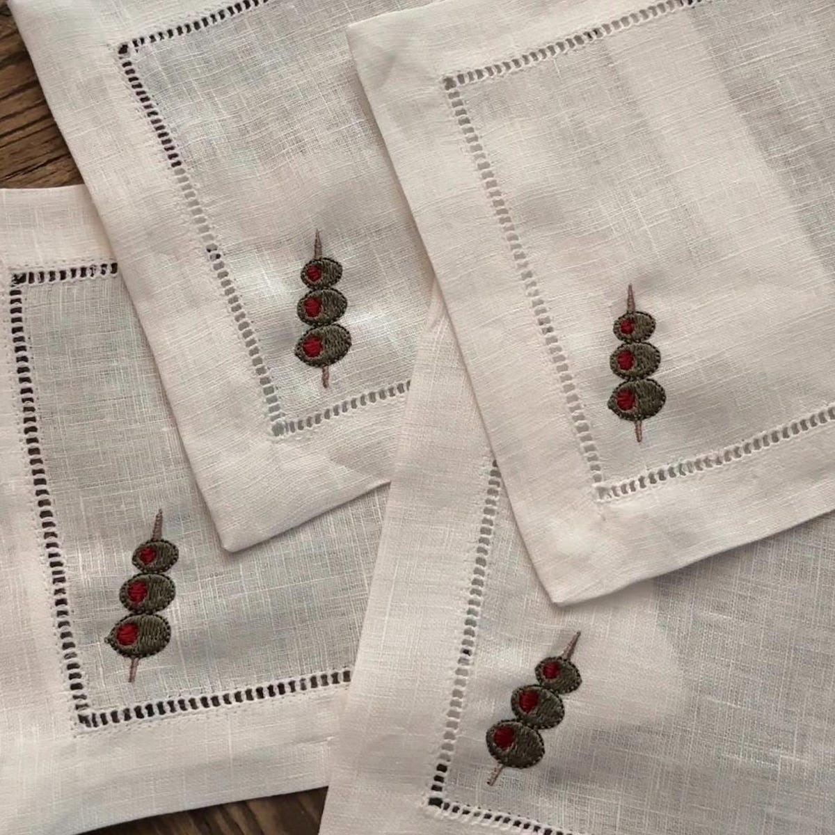 Embroidered Olives Linen Cocktail Napkins - Set of 4/6 - Etsy