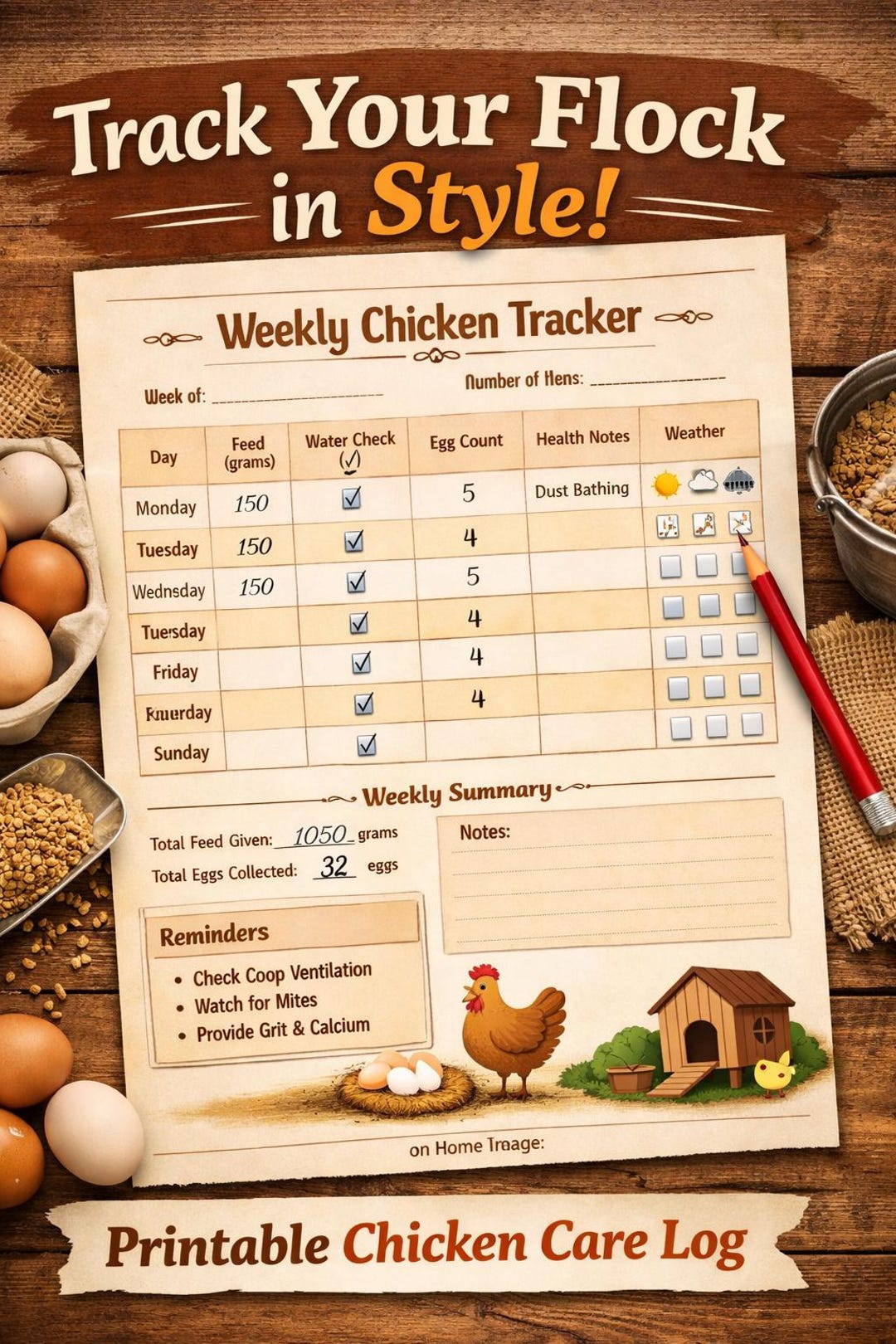 Weekly Chicken Tracker Printable | Farmhouse Chicken Care Log ...
