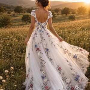 Boho Floral Wedding Dress/ A Line Tulle Bridal Gown/Wildflower Wedding Dress/ Bohemian Bride Gown/ Garden Wedding Dress/ Cottagecore Bride
