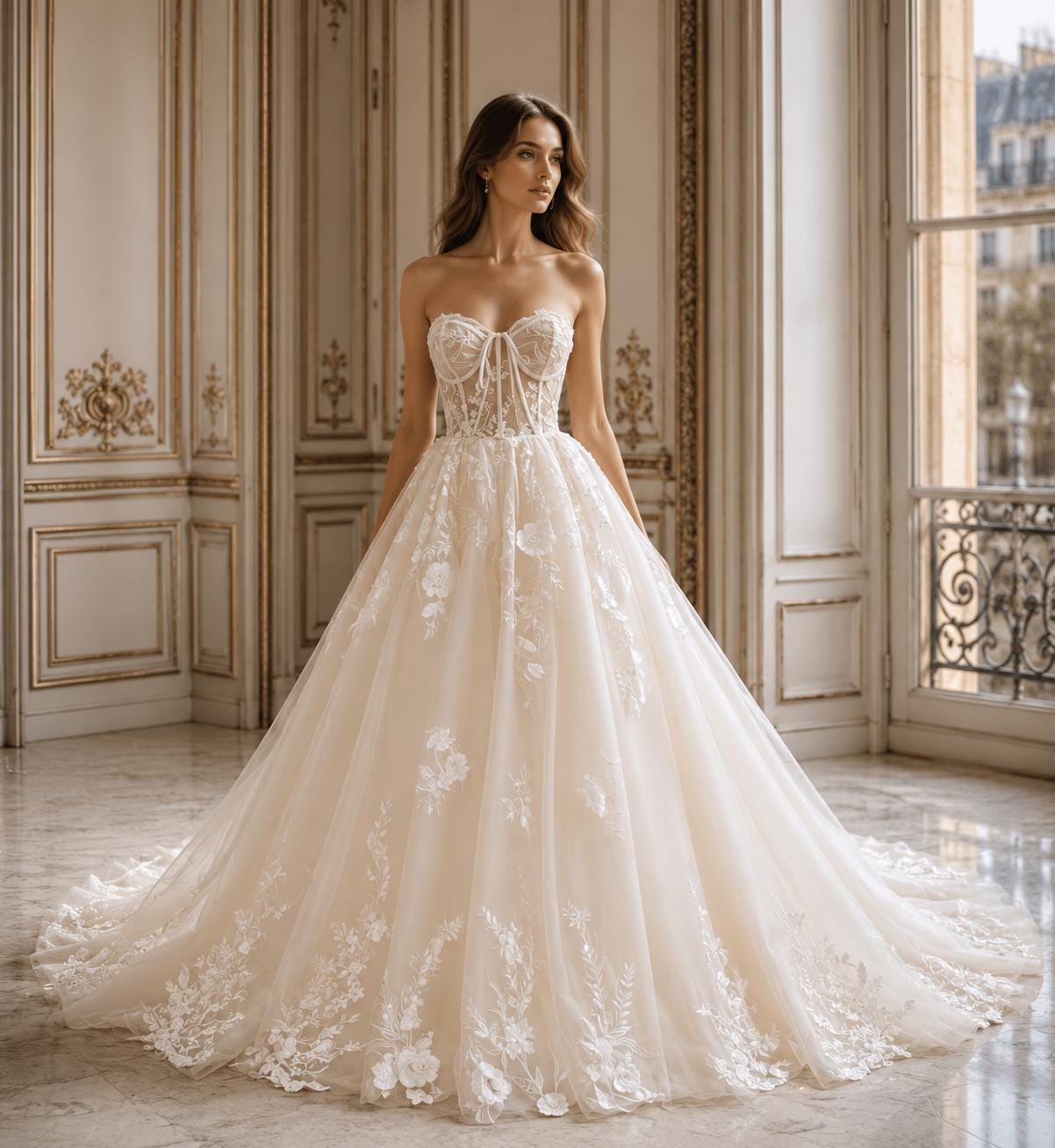 Champagne Tulle A-Line Wedding Dress: Lace Applique