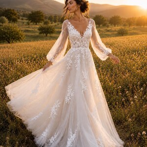 A Line Tulle Wedding Dress/ White Wedding Gown Full Sleeve/ Floral Lace Bridal Gown/ Bohemian Bride/ Garden Wedding Gown/ Boho Wedding Dress