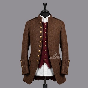 May include: A brown wool coat with gold buttons, a burgundy vest, and a white collared shirt. The coat has a high collar and buttoned cuffs. The vest is visible beneath the coat. The CelticCostume logo is visible on the lower right.