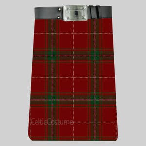 May include: A red tartan kilt with a black leather belt and a silver buckle. The kilt features a plaid pattern in red, green, and brown. The text "CelticCostume" is visible at the bottom of the kilt.