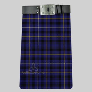 May include: A blue, black, and yellow tartan kilt with a black leather belt and silver buckle. The kilt showcases a classic plaid design, ideal for Scottish or Celtic themed occasions.