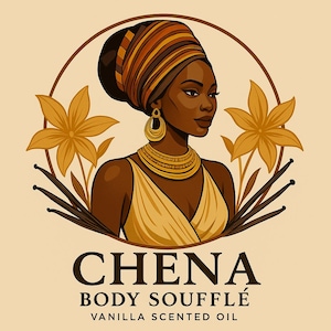 May include: A logo for a body souffle product called "Chena Body Souffle" with a vanilla scent. The logo features a woman with dark skin wearing a yellow dress and a patterned head wrap. The woman is surrounded by stylised vanilla bean pods and flowers.