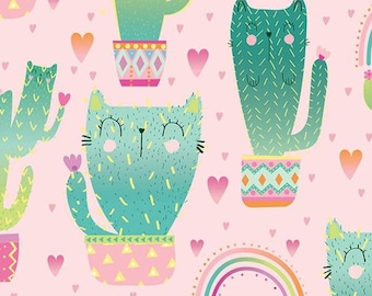 Quirky Cat Cacti - Pink and Green - Timeless Treasures - Cotton Fabric