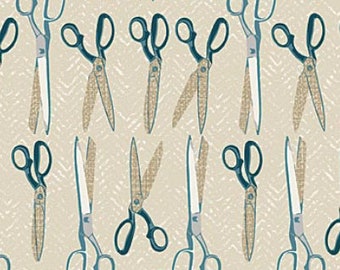 May include: A beige fabric with a repeating pattern of teal blue scissors. The scissors are arranged in a staggered pattern, with the blades facing both up and down.
