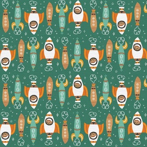 May include: A seamless pattern featuring a repeating design of cartoon rockets with brown and orange details, flying through a teal space with white stars and clouds. Each rocket has a small brown animal inside.
