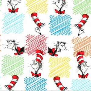 May include: A white background with a repeating pattern of a cat wearing a red and white striped hat. The cat is wearing a red bow tie. The background is filled with red, yellow, blue, and green scribbles.
