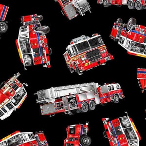 Tossed Fire Trucks -Black - Timeless Treasures - Cotton Fabric