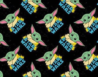 Star Wars Mandalorian The Child Baby Yoda and Logo Fabric - Disney - Cotton Fabric