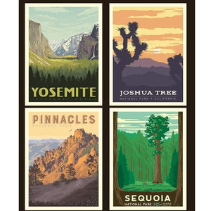 4 Panels - Large National Parks Posters Pillow Panel California - Black - Riley Blake - Cotton Fabric