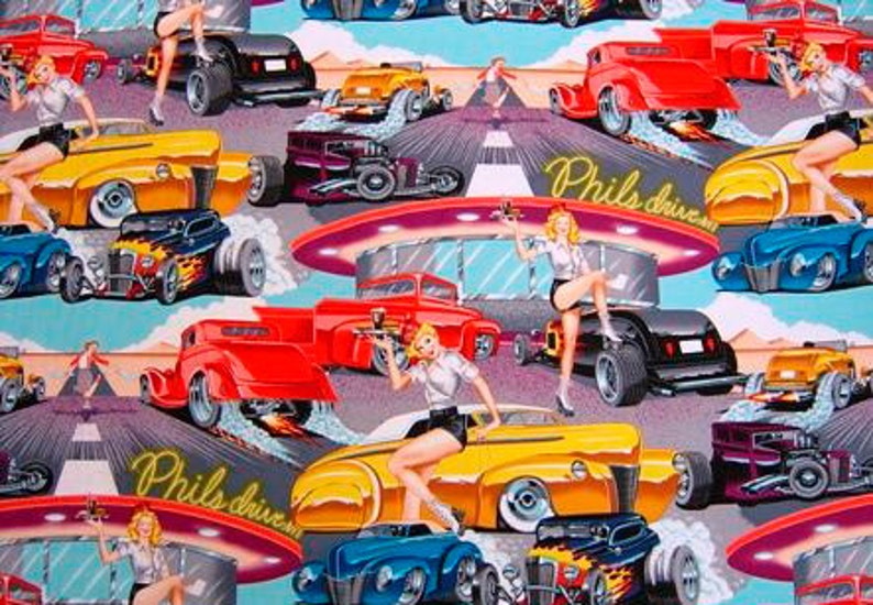 Phil's Drive-In pin-up fabric Alexander Henry Scenic Cotton Fabric image 1