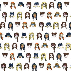 Może przedstawiać: Białe tło z powtarzającym się wzorem kolorowych kobiecych twarzy z kreskówek noszących różne maski i okulary. Twarze mają różne fryzury i kolory skóry.